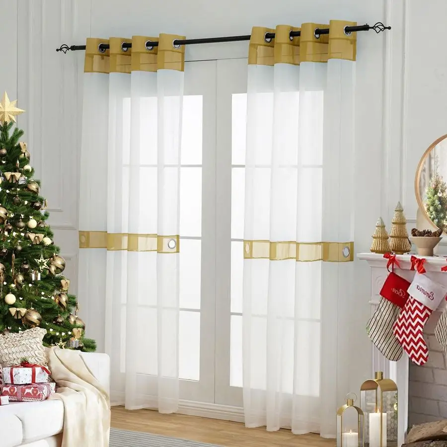 

Белые и золотые прозрачные шторы длиной 84 дюйма, комплект из 2 панелей для гостиной, белые прозрачные шторы с дизайнерским узором, с люверсами, прозрачные.