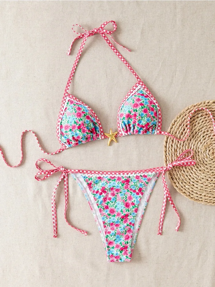 المرأة الأزهار طباعة مجموعة البكيني 2025 جديد الصيف مثير الرسن عارية الذراعين رفع قطعتين ملابس السباحة الأزرق الشاطئ ملابس السباحة امرأة #6