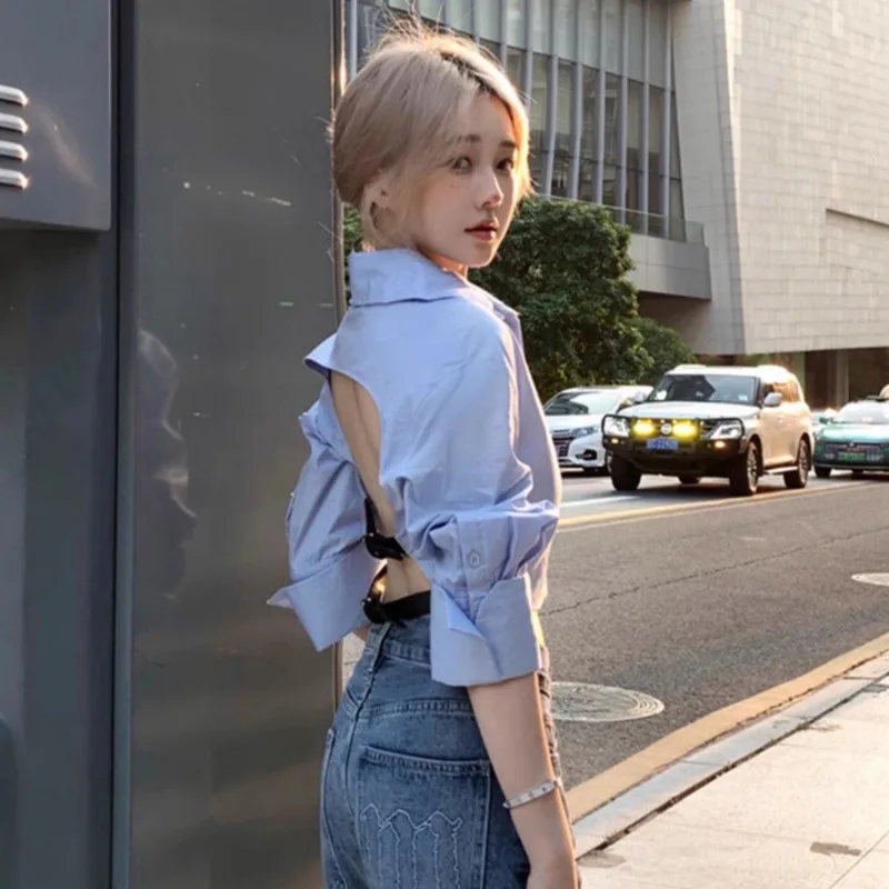 

2025 backless long-sleeved design sensual niche shirt spring and autumn new design Tailored Cut shirt girl short girl