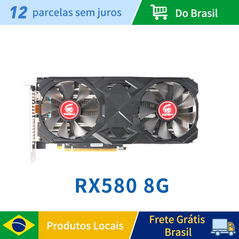 Placa de Vídeo Veineda RX 580 8GB 2048SP para Jogos de PC GDDR5 256Bit PCI-E 3.0 ×16 8Pin Radeon GPU