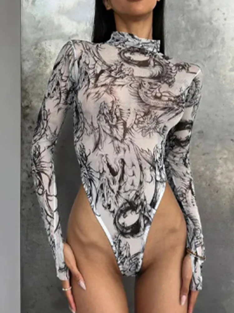 Body con tinte anudado para mujer, camiseta con estampado de tinta en blanco y negro, camiseta con cuello simulado, malla transparente para otoño 2023