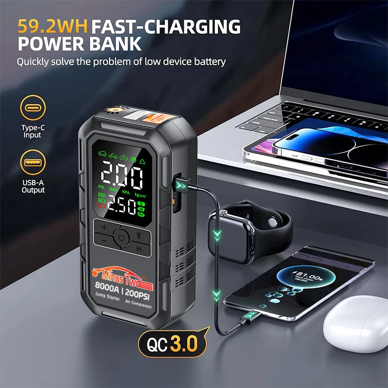 4-IN-1 Car Jump Starter with Air Compressor Peak 2000A Auto Battery Booster 150PSI Air Pump Portable Power Bank Tire Inflator - Image 2
