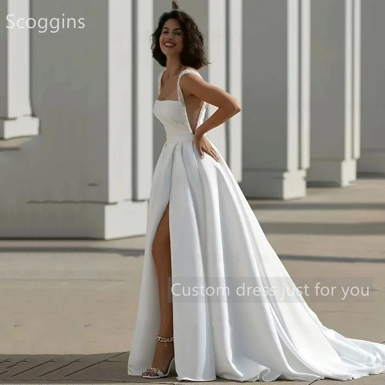 Scoggins  فساتين سهرة Customize Evening Dress A-Line Split Dubai Luxury Square Neckline Floor-Length Sleeveless Zipper Up Weddin