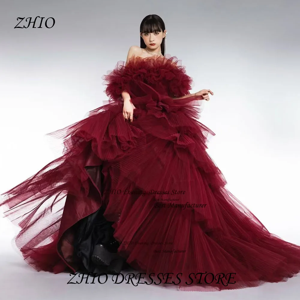 ZHIO Weinrotes Tüll-Abendkleid mit Falten, luxuriöses, abgestuftes Ballkleid-Partykleid, trägerloses, schulterfreies Abendkleid, individuell gestaltet