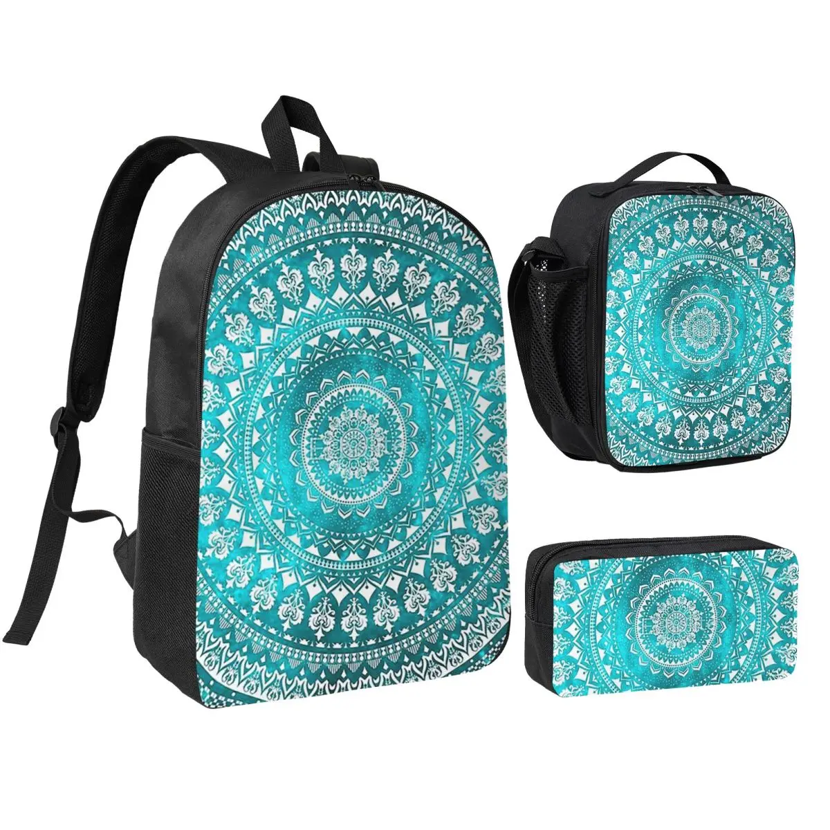 Mandala Turquoise Backpack Student BookBag School Bag Shoulder Bags 3ps Insulated Lunch Bag Pencil Case