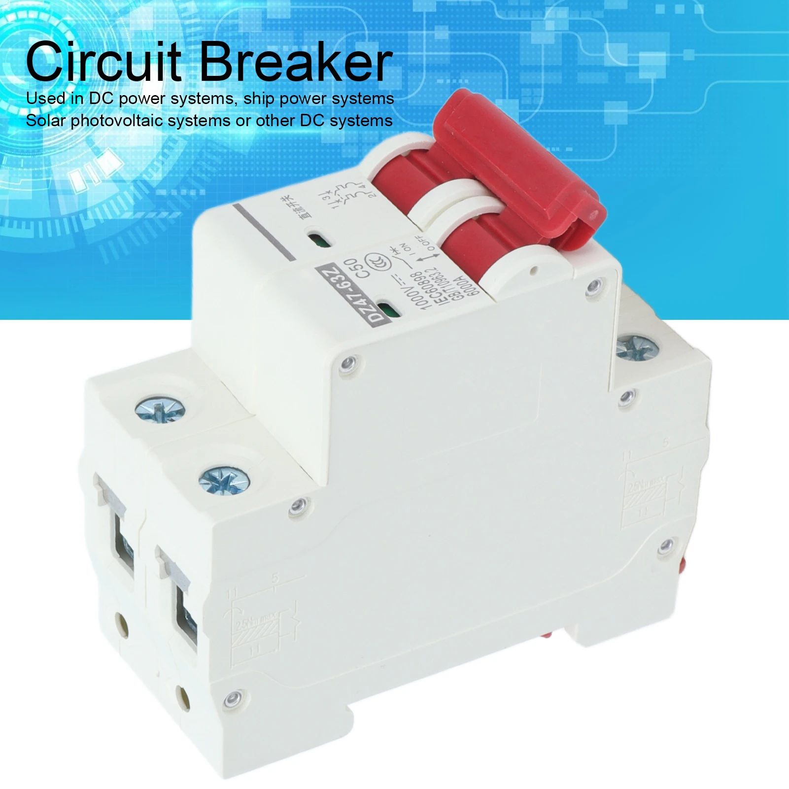 Miniature Circuit Breaker 2P Solar PV System Isolator DIN Rail Mount 1000V 50A DZ47‑63Z C50  Miniature Circuit Breaker