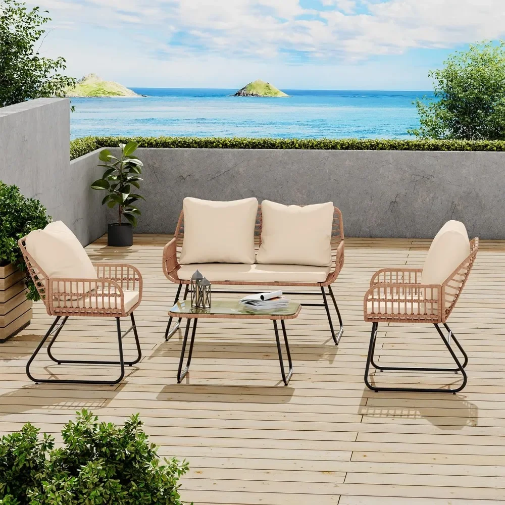 4-Piece Rattan Patio Furniture Set, All-Weather Bistro Conversation Loveseat, Chairs, and Table Set for Outdoor Living Spaces