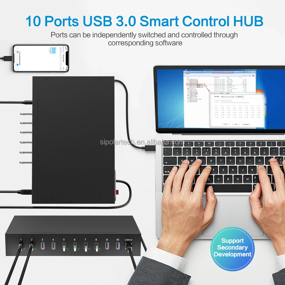 Sipolar SH3-10 مراقبة عن بعد وتحكم عالي السرعة 1 متر USB 3.0 10 منافذ تحكم ذكي USB HUB #4