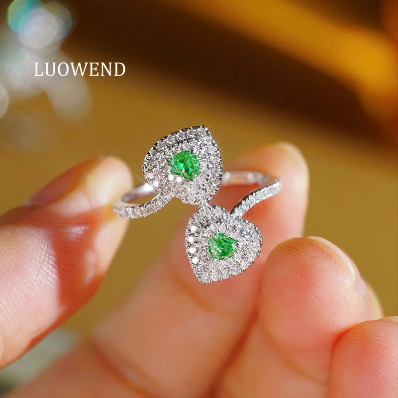 LUOWEND 100% 18K White Gold Rings Double Heart Shape Real Natural Green Diamond Engagement Ring for Women High Party Jewelry