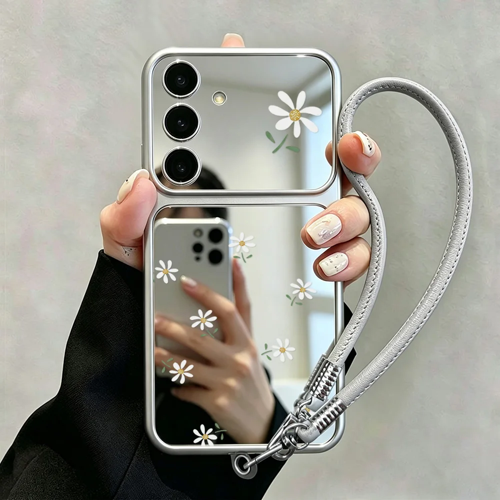 A57 Mirror Case For Samsung A56 A55 A54 A53 A37 A36 A35 A26 A17 A16 A07 A06 S26 Ultra S25 S24 S23 FE Cover With Phone Lanyard