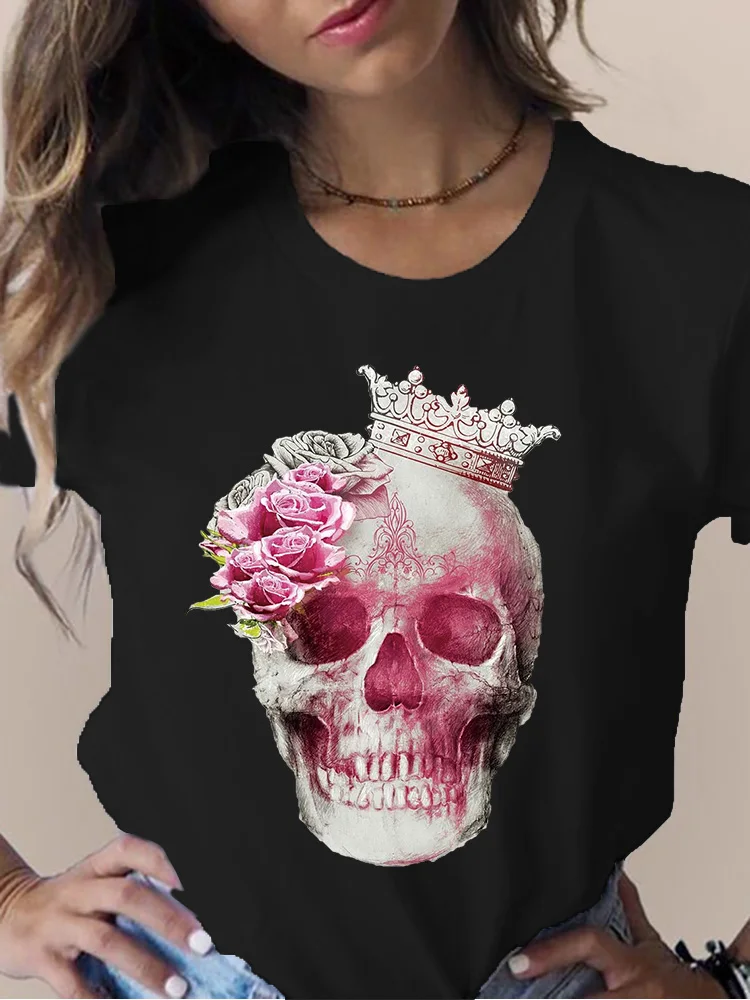 Women T-Shirts Vintage Girl Crown Skull Print Flowers Queen Skull T Shirt Short Sleeve O Neck Tees Ladies Casual Tee Shirt Tops