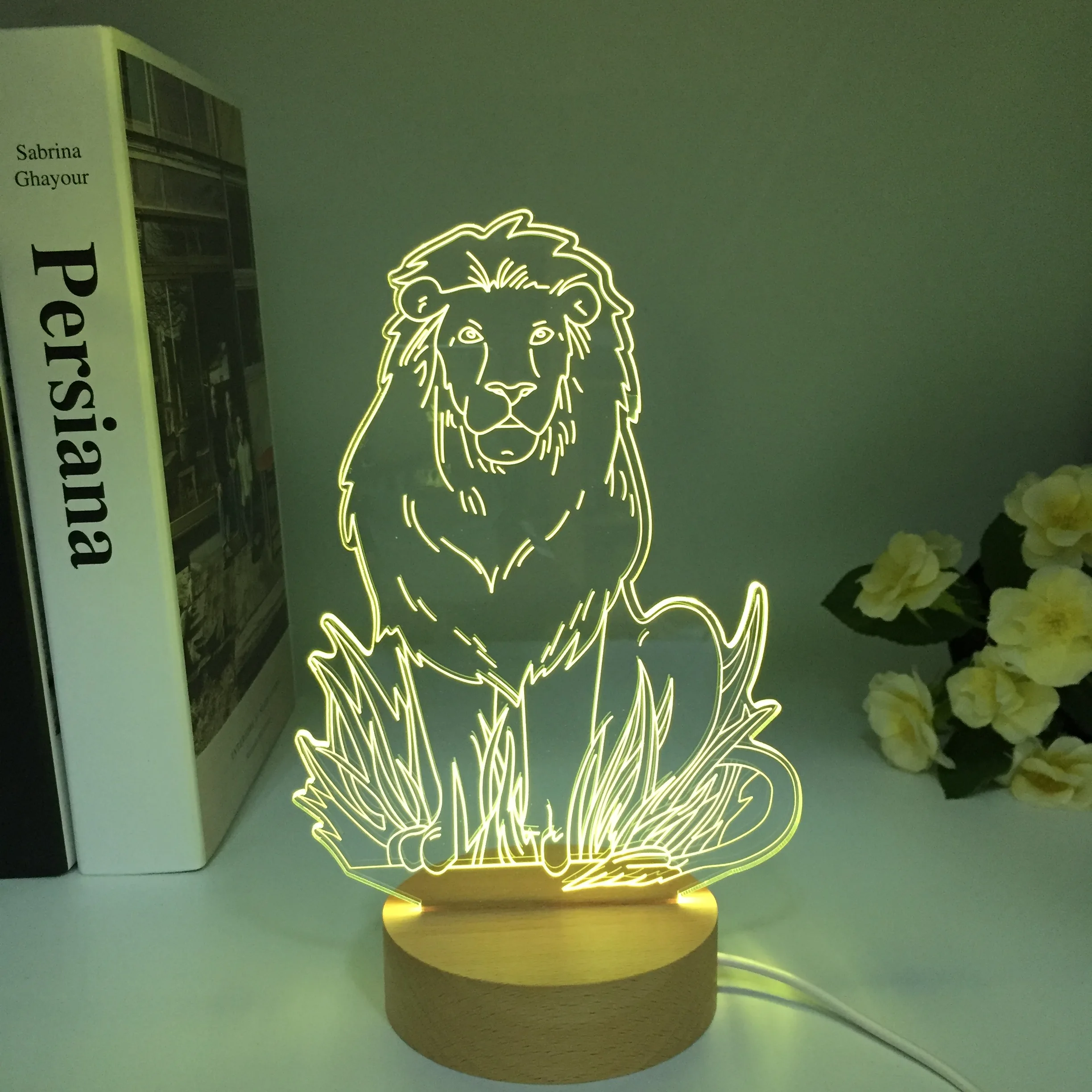 Colorful Lion Animal 3D Lamp Creative Desktop Bedroom Night Light LED Acrylic Wooden Table Lamp Birthday Xmas Gifts Room Decor