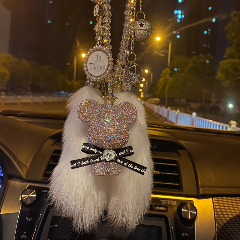 Luxury Bead Crystal Car Pendant Cartoon Bear Bell Diamond Fur Fox Hanging Ornaments Rhinestone Tassels Car Mirror Decoration