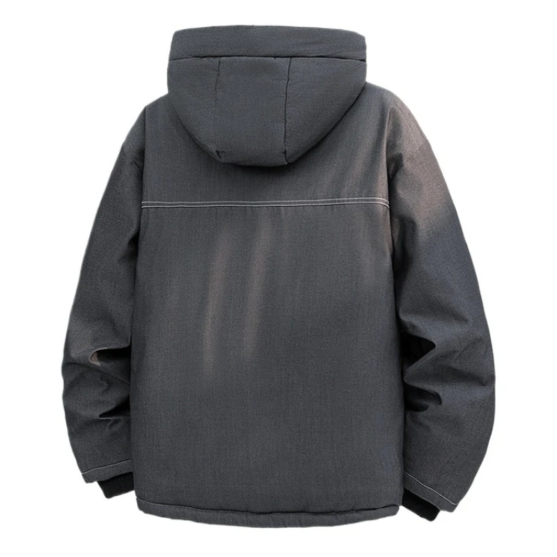Thick Warm Men Hooded Jacket Zipper Button Design Multi‑Pocket Outwear Windproof Coat for Autumn Winter Daily Work Casual Wear