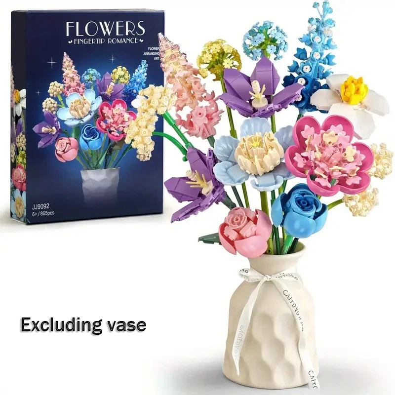 

865pcs Rose, Narcissus, Hydrangea Flower Building Blocks Set, Suitable for Adult Bouquet Plant Series, Home or Office Decoration