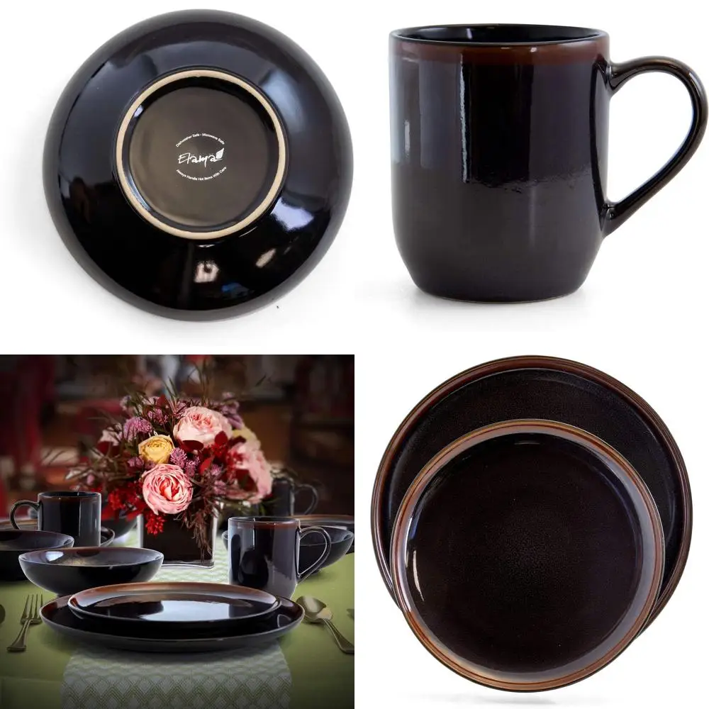 

16-Piece Metallic Black Dinnerware Set for Midnight Beach Themed Dining