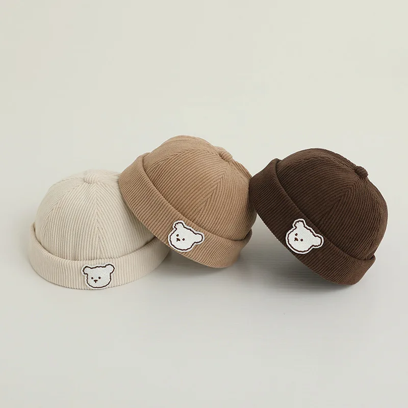 Solid Corduroy Brimless หมวกสําหรับทารกโดม Melon หมวกการ์ตูนหมีเด็กหมวก Bonnet ฤดูใบไม้ร่วงทารก Docker หมวก 3-24Month เด็กผู้หญิง