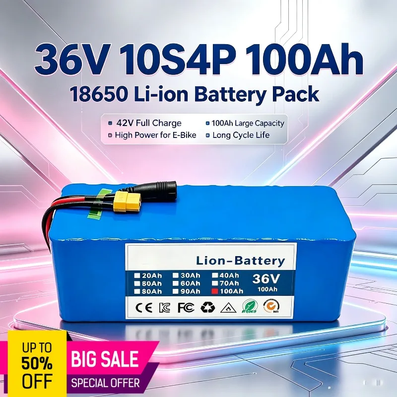 36V 100Ah 10S4P 18650 Lithium Ion Rechargeable Battery Pack 42V Full Charge for Electric Bicycle E‑Scooter Trolling Motor