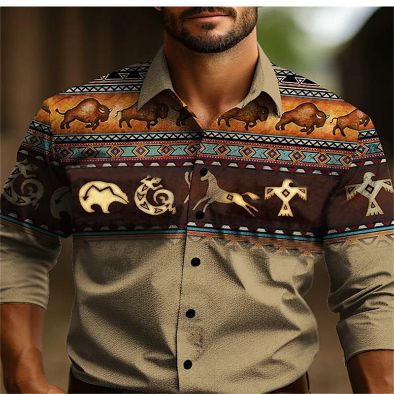Vintage men's shirt ethnic wear western shirt tribal pattern retro black grey soft comfortable soft clothing new large size image 3