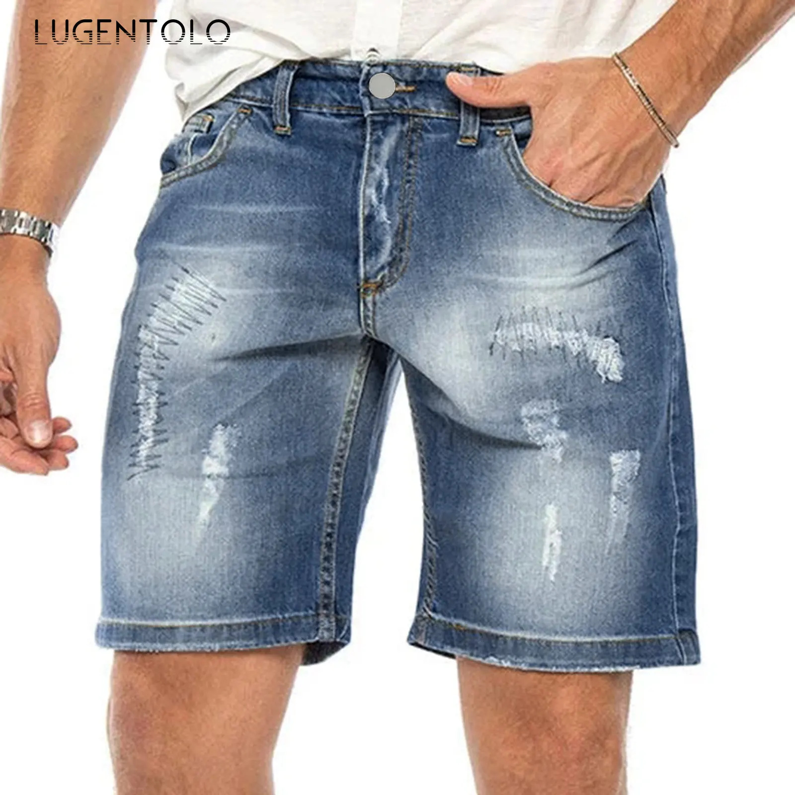 Jeans jeans rasgado para homens, perna reta, lavada solta, ao ar livre, sólido, botão, moda de rua, verão, novo