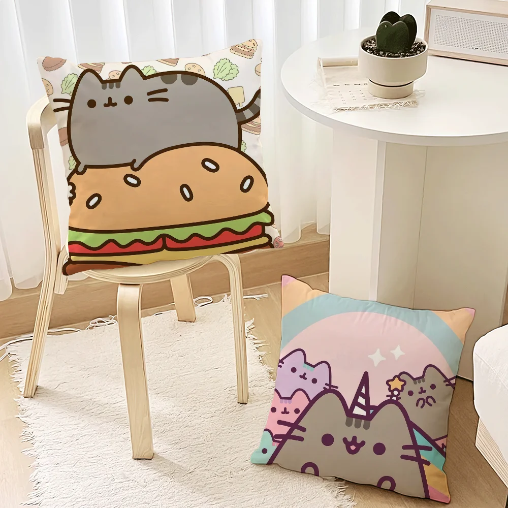 Cartoon P-Pusheens Cute Cat Pillow Case Living Room Accent Couch Back Support Square Lounge Restful Nap Companion ﻿