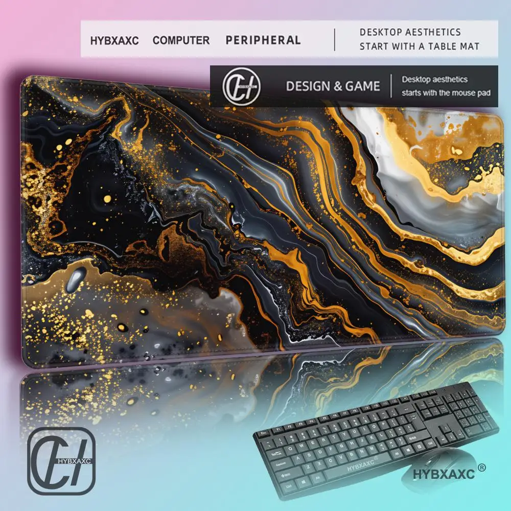 

HYBXAXC Golden Marble MousePad Desktop Mat Non-Slip Desk Mat Rubber Stitched Edge Black Golden Ston Gaming Esports Computer