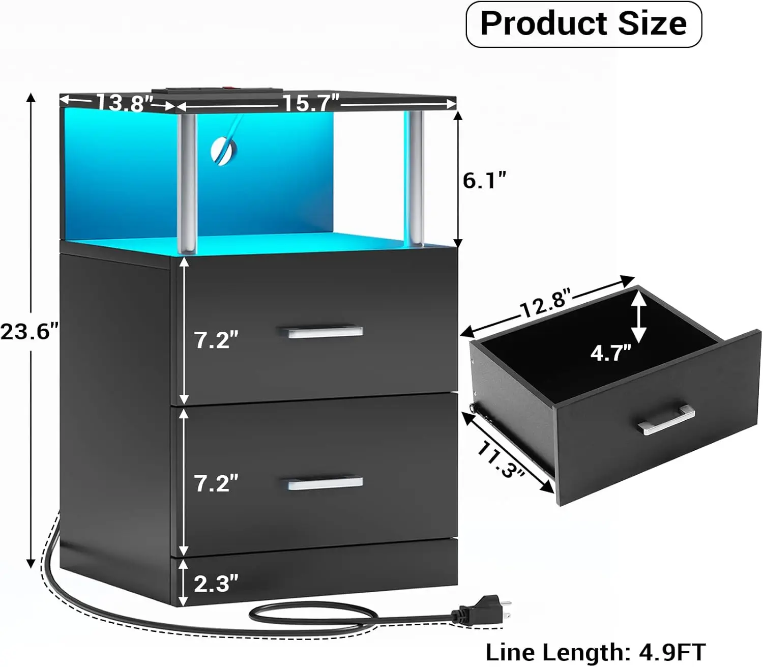 Nightstand With Charging Station And Led Lights, Night Stand With Open Storage, Bedside Table With Drawers, 2 Usb Ports, 2