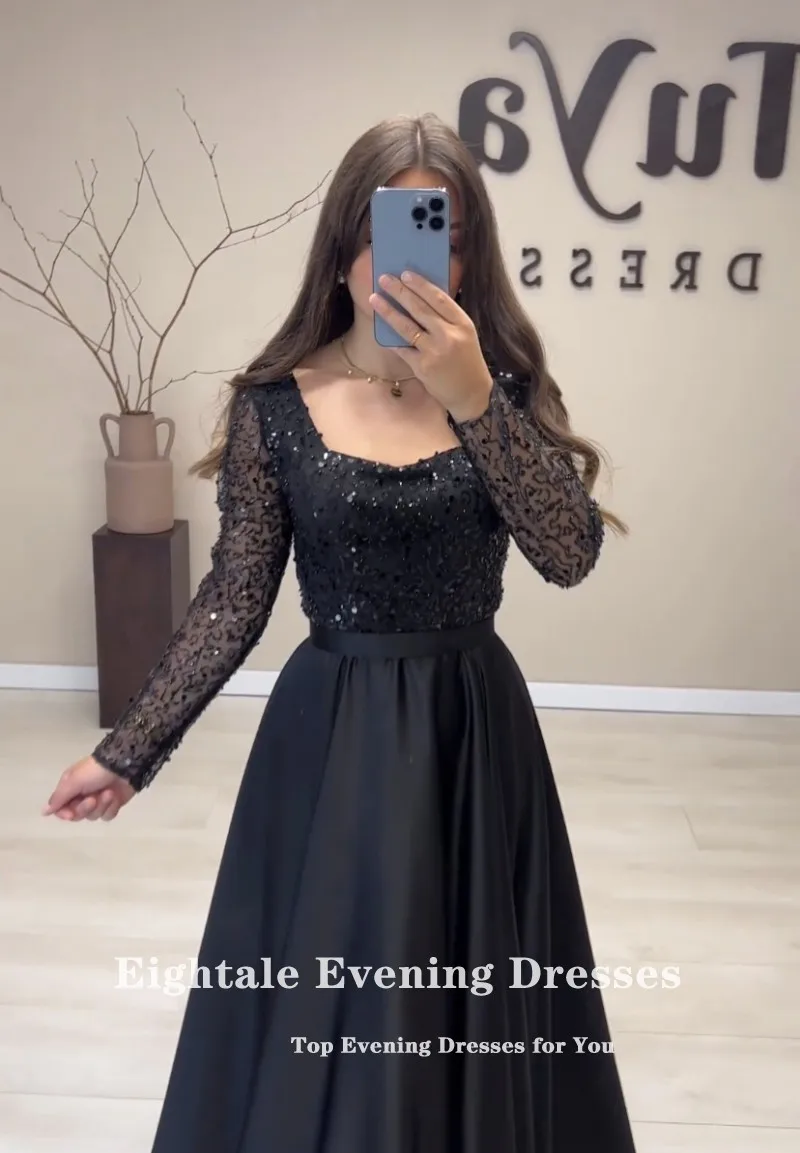 Eightale vintage vestidos de noite com decote em v cetim manga longa brilhante lantejoulas grânulo personalizado baile de formatura vestido de festa de casamento