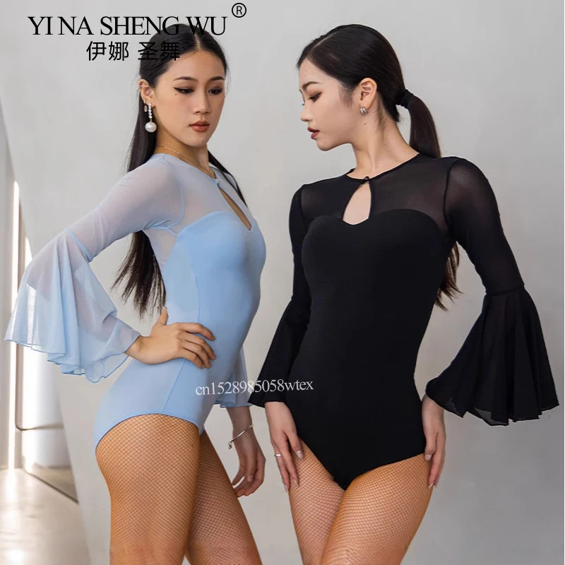 여성용 라틴 댄스 탑 국가 표준 라틴 댄스 연습 대회 플레어 슬리브 점프수트 룸바 차차 공연 탑