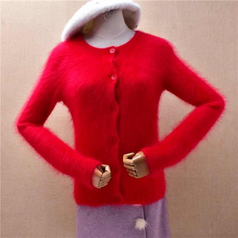 

Женская осенне-зимняя модная рождественская красная ангорская кроличья шерсть вязаная куртка с длинными рукавами тонкий кардиган свитер куртка тянущие топы