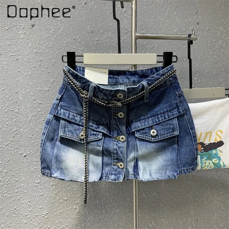 

Vintage Denim Cargo Skirt Single Breast Pocket Chain Belt A Line Short Skirt Y2k Sexy Harajuku Casual 2024 Summer Fashion