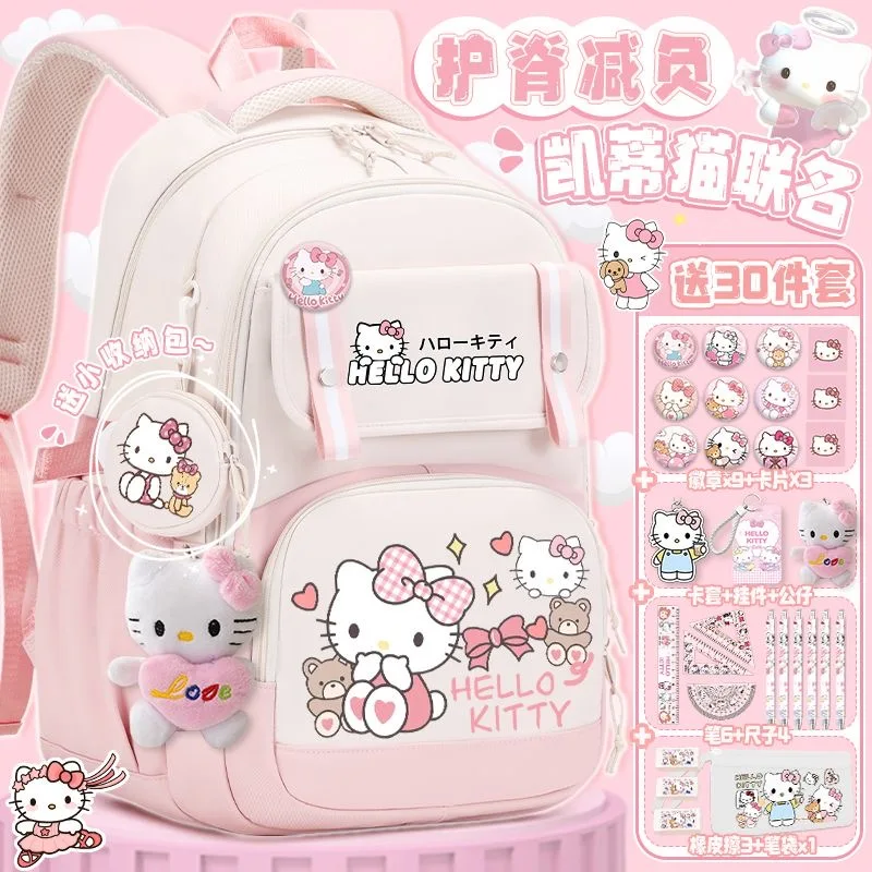 Sanrio New Hello Kitty Tornister szkolny Hellokitty Śliczny dziecięcy plecak z kreskówek, lekki i o dużej pojemności