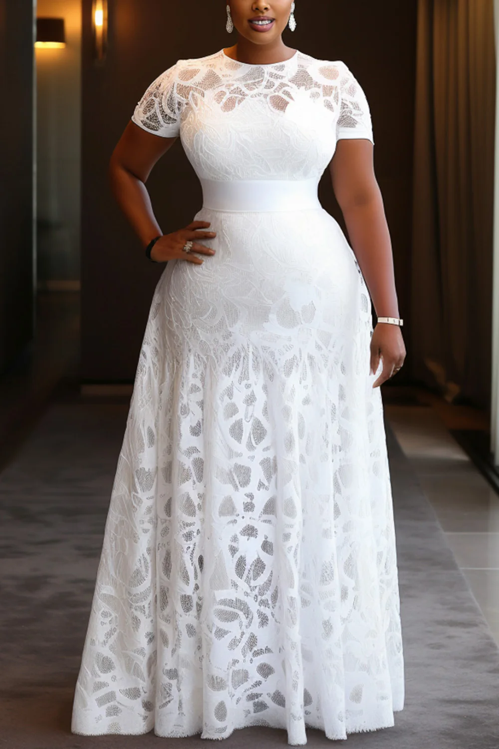 Plus Size Wedding White Round Neck Short Sleeve Elegant Guipure Lace Maxi Dresses