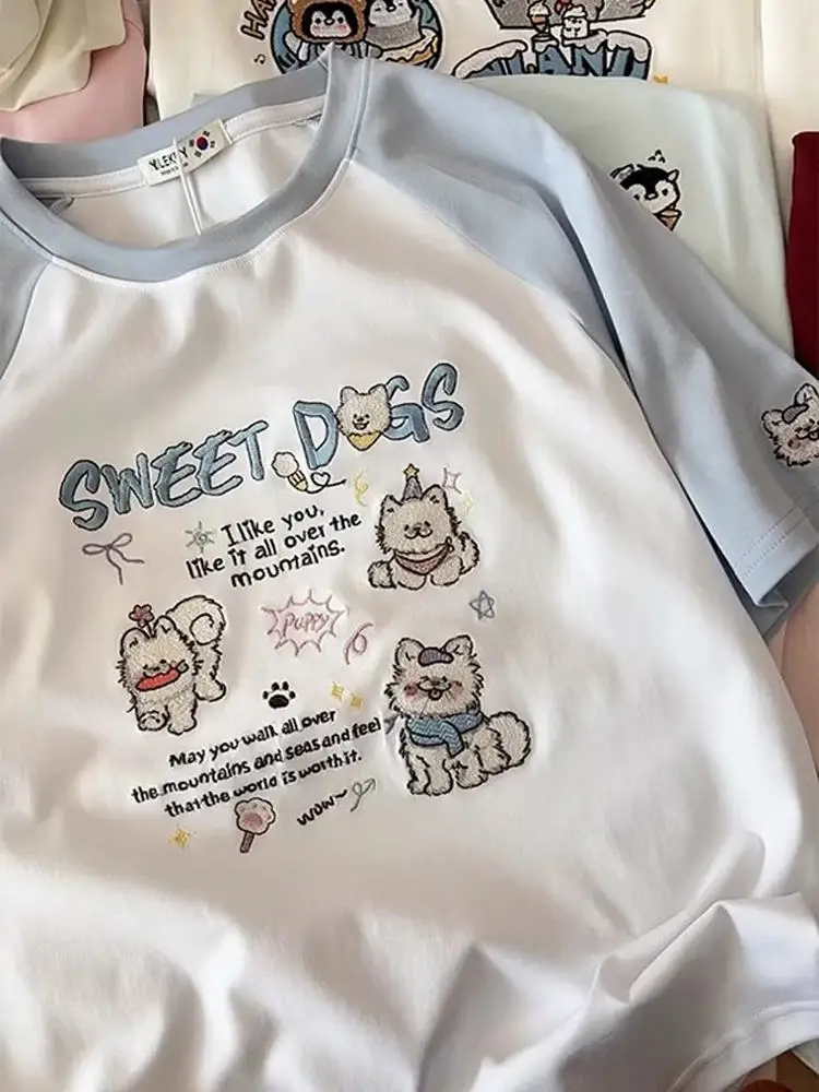 

Cute Cartoon Embroidered Dog Pure Cotton ort Sve Women's T-irt Summer Loose oulder Insertion Trendy Top Korean Sle...