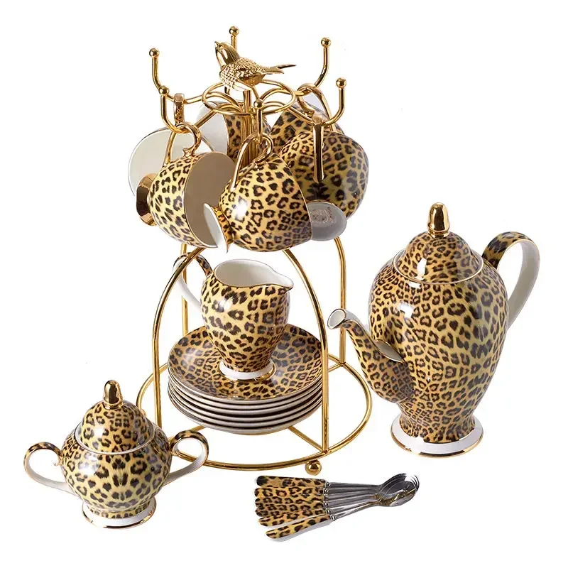 Leopard Print Bone China Coffee Set Luxury Porcelain Tea Set Pot Cup Ceramic Mug Sugar Bowl Creamer Teatime Teapot Coffeeware