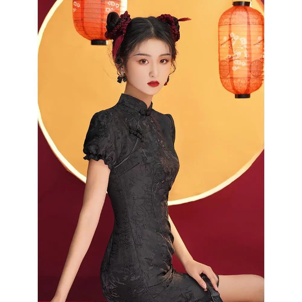 Black cheongsam 2024 new summer young French girl dress national fashion small short temperament  cheongsam dress modern 2024