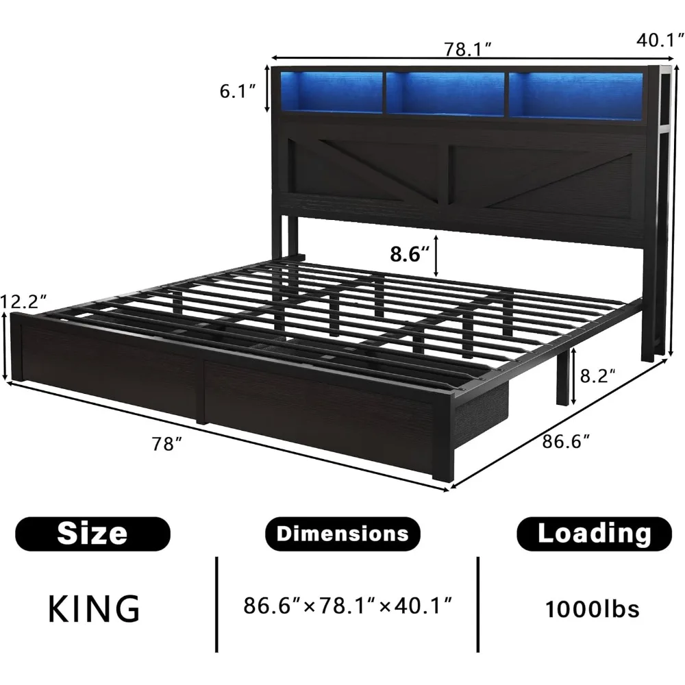 King Bed Frame with Bookcase Headboard and Storage Drawers, LED Lights and Charging Station, No Box Spring Needed，Customized