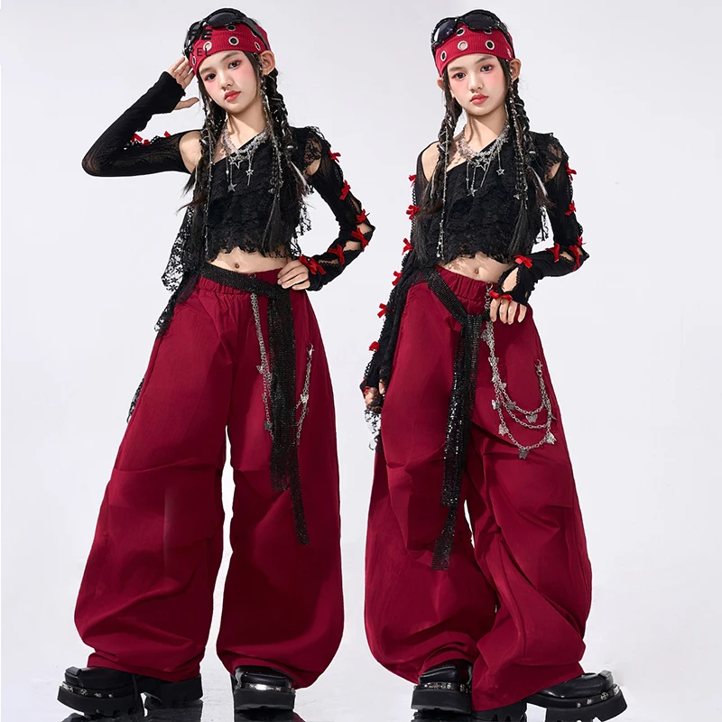 

Одежда для джазовых танцев для девочек, костюм Kpop, красный, черный костюм для выступлений, кружевной укороченный топ, мешковатые брюки, крутая одежда для уличных танцев в стиле хип-хоп 2596