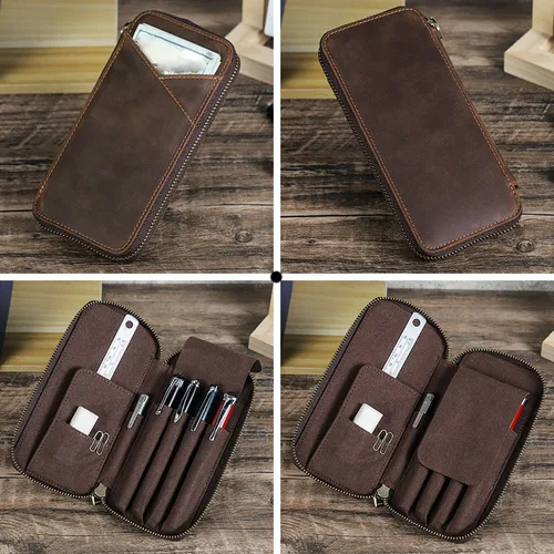 Imagen 2 del producto Estuche para lápices de cuero genuino con 4 ranuras, bolso para pluma estilográfica con cremallera multifuncional hecho a mano, caja para bolígrafos de papelería para estudiantes