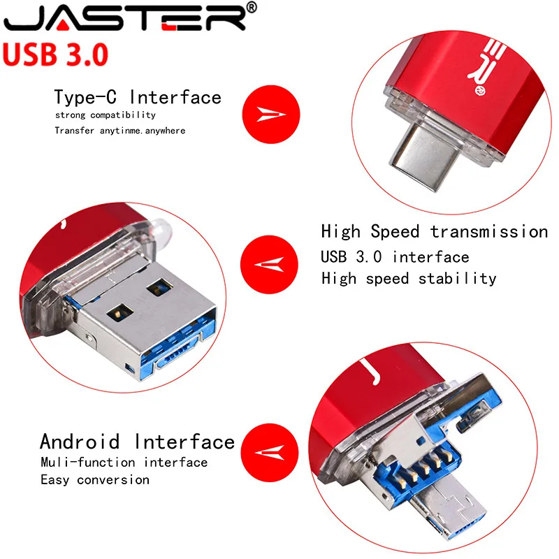 JASTER U Disk 3 IN 1 OTG (Android&USB & Type_C 3.0 Flash Drive Metal Custom Pen Drive 64GB 32GB 16GB 8GB 4GB Wedding Gifts