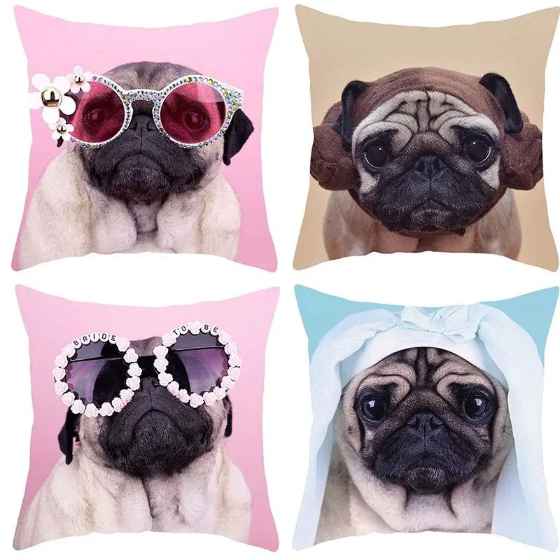 Cute Pug Puppy Dog With Fashion Accessories Pattern Cushion Cover For Sofa Bedroom Car Pillow Cover