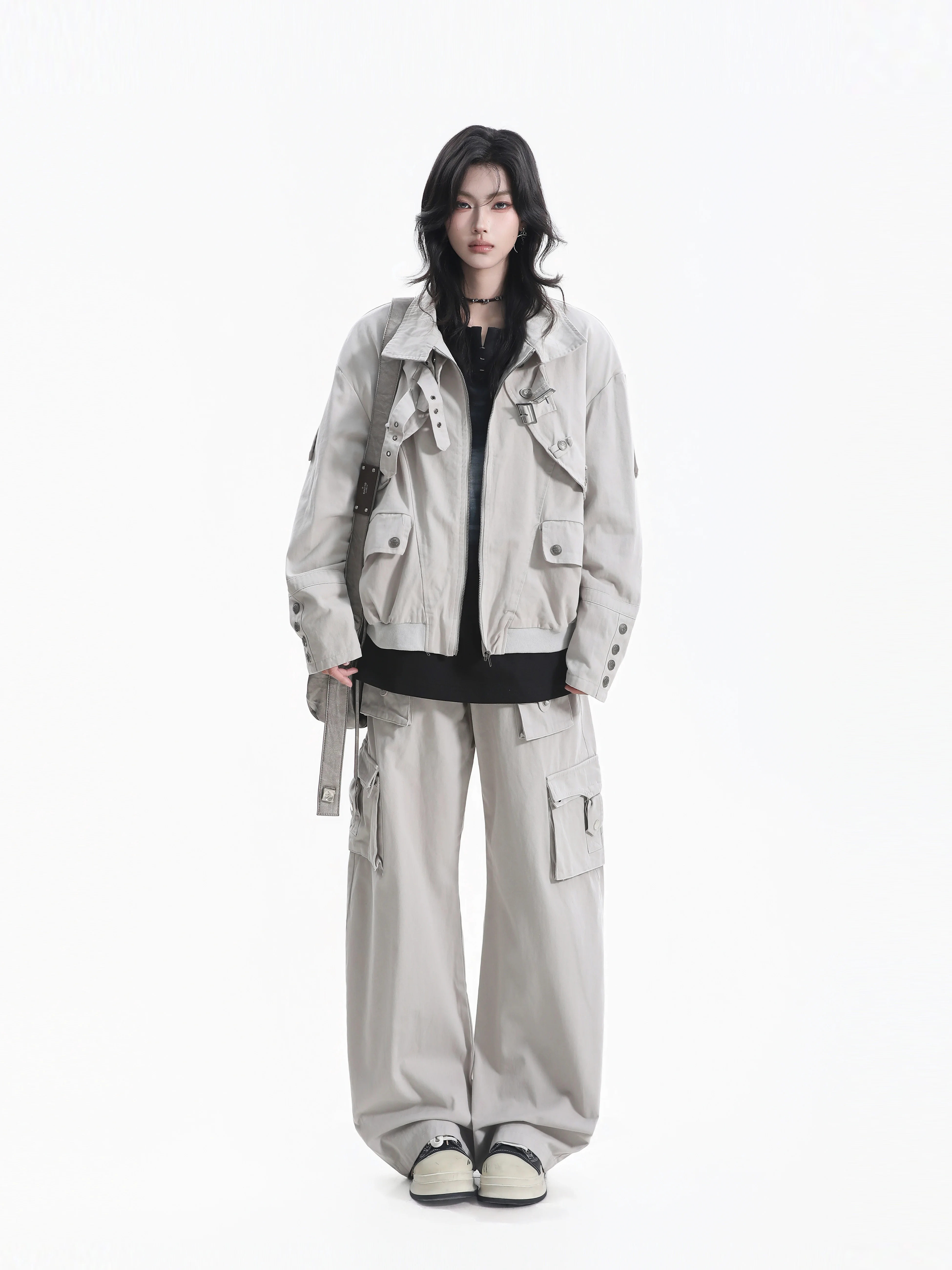 Neutral Style Workwear Jacket Women's Stand Collar Zipper Cardigan Heavy Duty Buckle Autumn Winter Trendy Brand Cotton Jacket