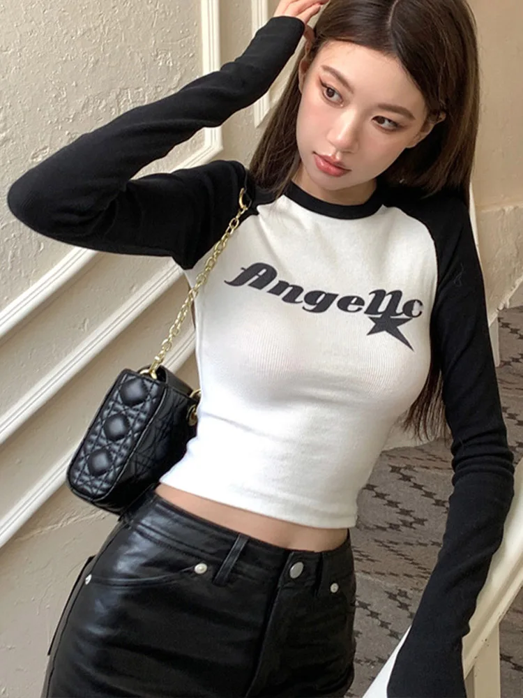 American Retro Crop Top Women Spring Long Sleeve Letter Print T-shirt Korean Fashion Preppy Style Contrast Color Skinny Y2K Tops