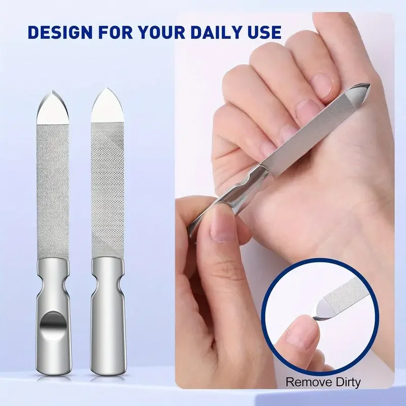 

Stainless Steel Nail File V-Shaped Flat Shape with Non-Slip Handle and Case Double-Sided for Easy Filing of Nails for Men&Women