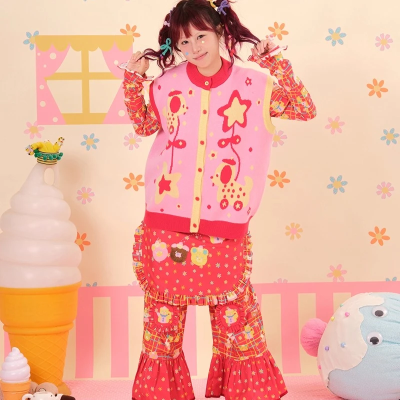 Autumn New Floral Knitted Women's Clothing Japanese Original Design Cute Animal Print Versatile Sleeveless Sweater Vest Ladies