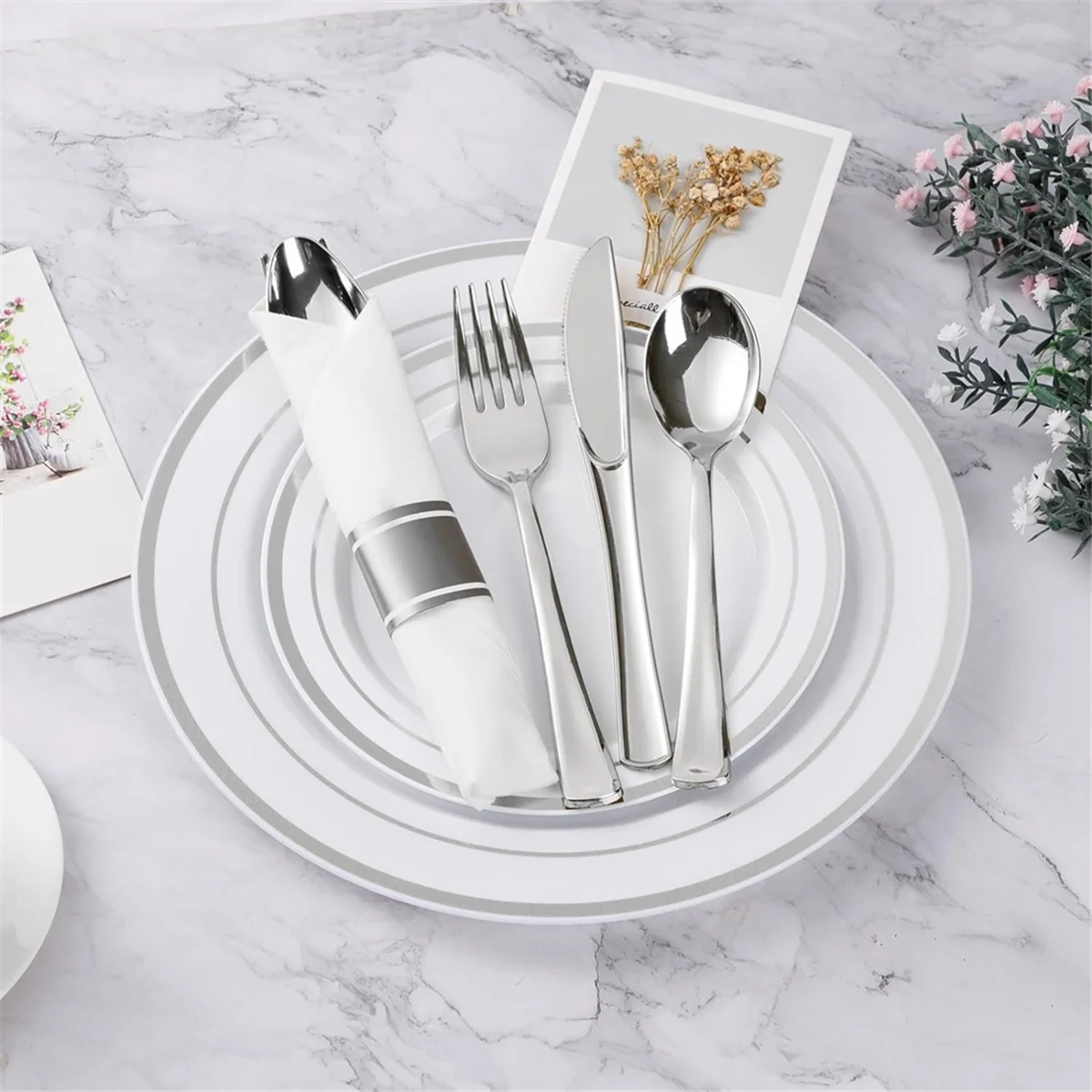 Pre Rolled Silver Plastic Silverware Set,Pre Rolled Napkins with Silver Cutlery Set for Party,Birthday Silver
