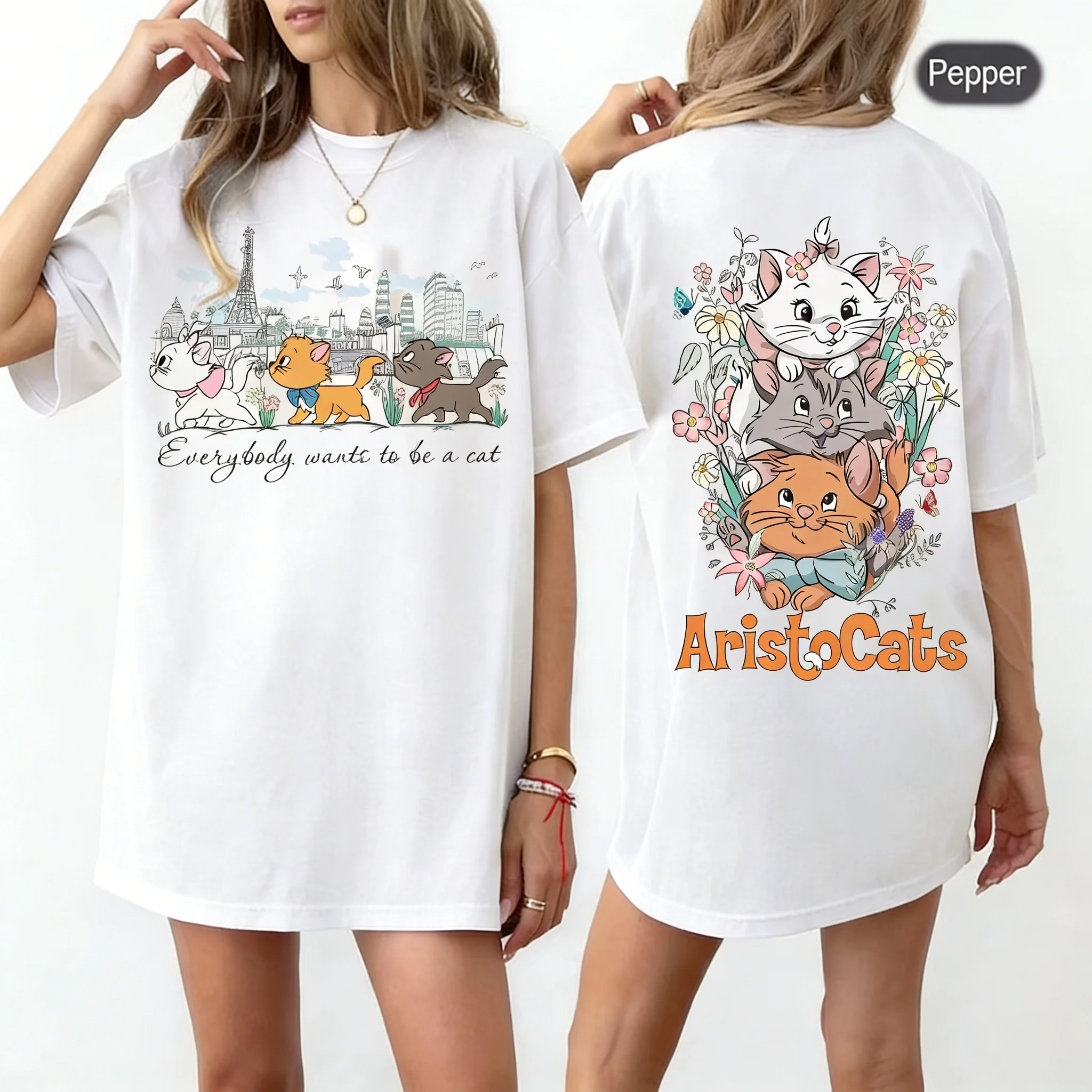 

Футболка с принтом Disney Aristocats в стиле аниме, летняя модная футболка большого размера для девочек, модный топ для родителей и детей, свободная повседневная уличная одежда, милый стиль