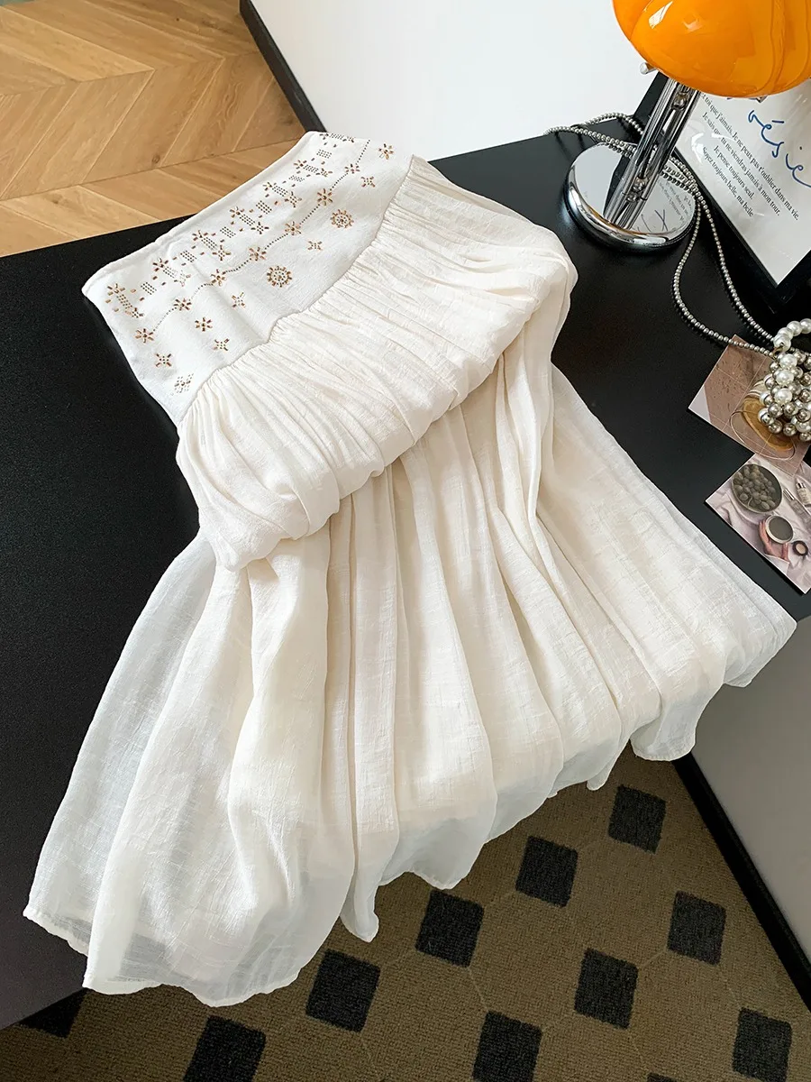 

Slimming High Waist Half-length Skirt with Diamond Stamping And Pleats for Women Summer Thin Material Sweet Style A-line Dress