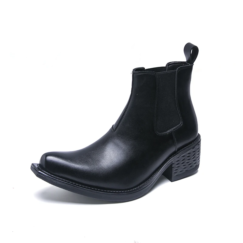 

Black Wizard Boots Men's Thick-Soled High-Heeled Retro Pointed Toe Chimney Boots Mid-Top Chelsea Boots