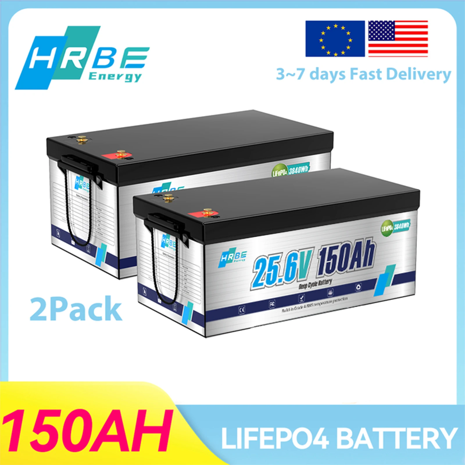 

Аккумулятор HRBEEnergy 24В 150Ач LiFePO4 со встроенной BMS, максимальная емкость 3840Вт·ч для троллинговых моторов, яхт, автодомов, домашнего энергоснабжения, с защитой от низких температур